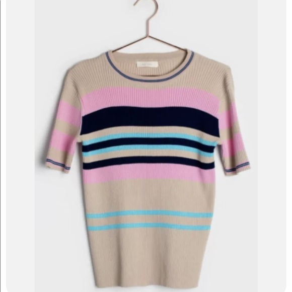 Roolee Ribbed 3/4 Sleeve Pullover Beige Striped Pink Blue Sweater Sz S - Picture 1 of 11